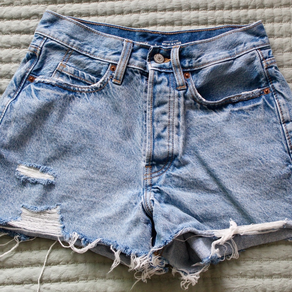 Medium Wash Sky-Hi A-Line Distressed Denim Cut Off Shorts